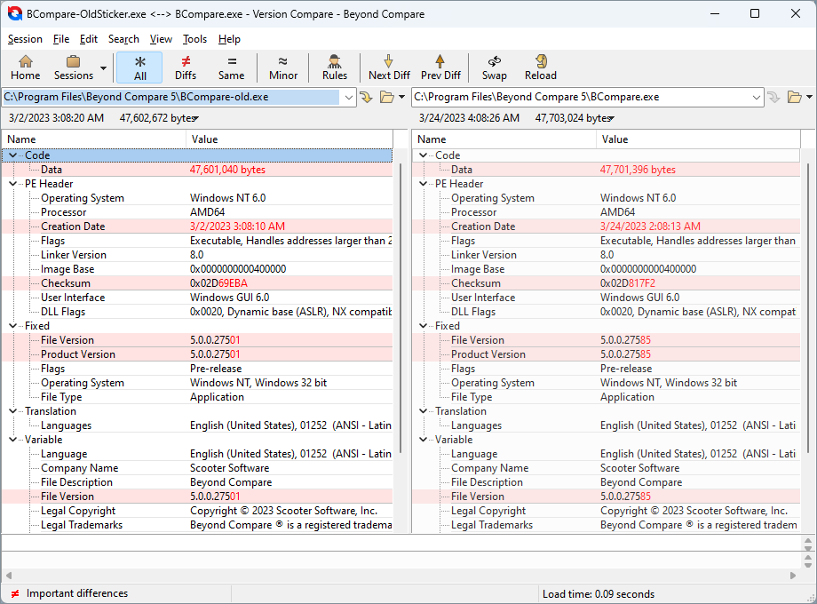Comparing version info