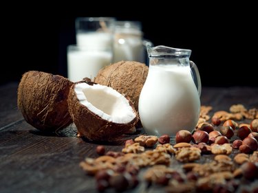 coconuts and milk in glasses