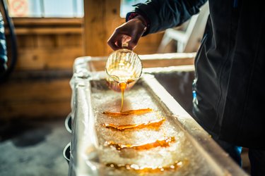 Pouring maple syrup onto snow