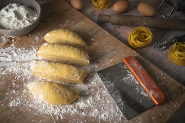 Homemade Pasta dough recipe handmade preparation with eggs and flour