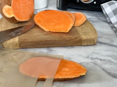 slice of raw sweet potato in a toaster bag