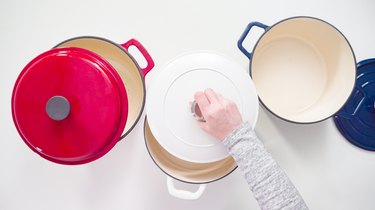 Red, white, and blue enameled cast-iron covered dutch oven