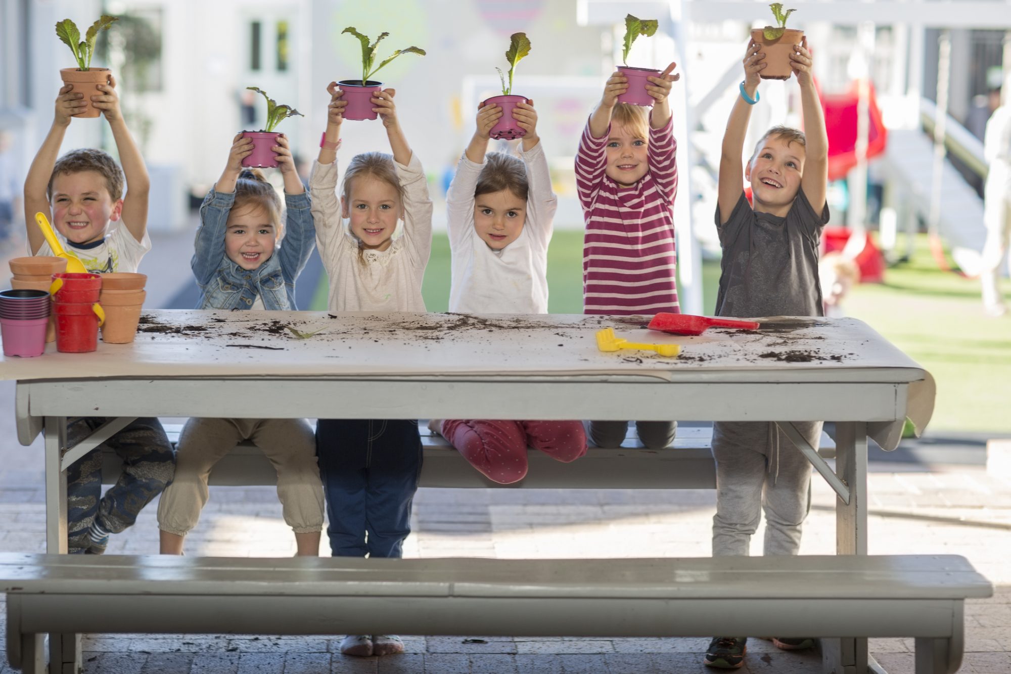 Girls and boys at preschool holding up pot plants at picnic table